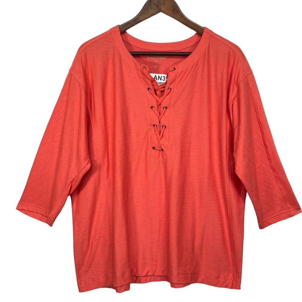 Woman Within Top Women 18/20 L Coral Lace Up Grommet Slub 3/4 Sleeve Excellent